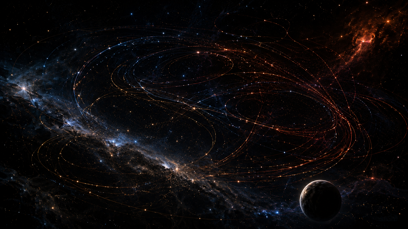 深空中的复杂三体轨迹与远处行星